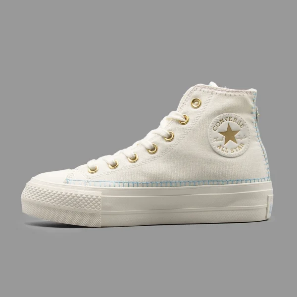 کانورس پلتفرم سفید طلایی گلدوزی ساقدار | Converse Platform White Gold Embroidery Hightop