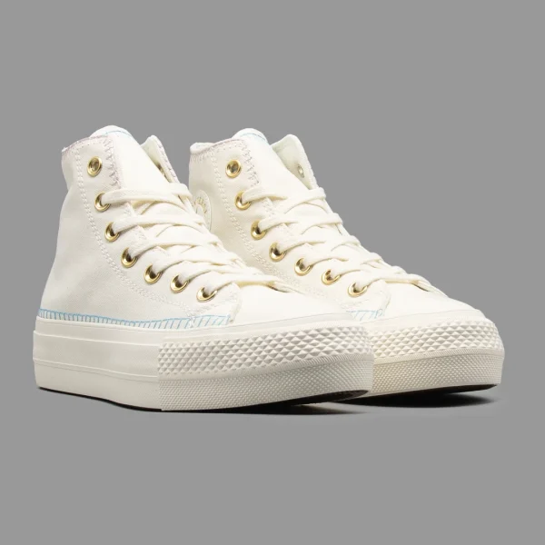 کانورس پلتفرم سفید طلایی گلدوزی ساقدار | Converse Platform White Gold Embroidery Hightop - Image 2