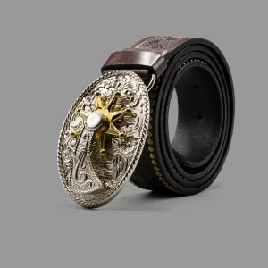کمربند چرم وسترن کابویی قهوه‌ای تیره | Leather Western Cowboy Belt Dark Brown