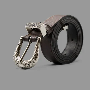 کمربند زنانه وینتیج وسترن چرم قهوه‌ای | Women's Vintage Western Leather Belt Brown
